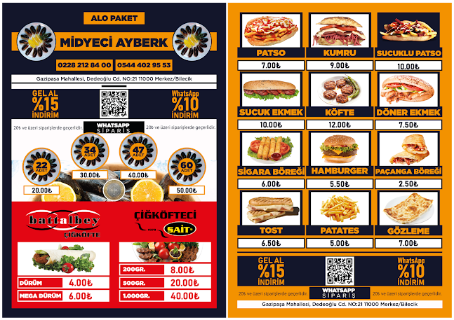 Midyeci Ayberk, Battalbey Çiğköfte, Bilecik Fastfood - Gastronomi ve konaklama
